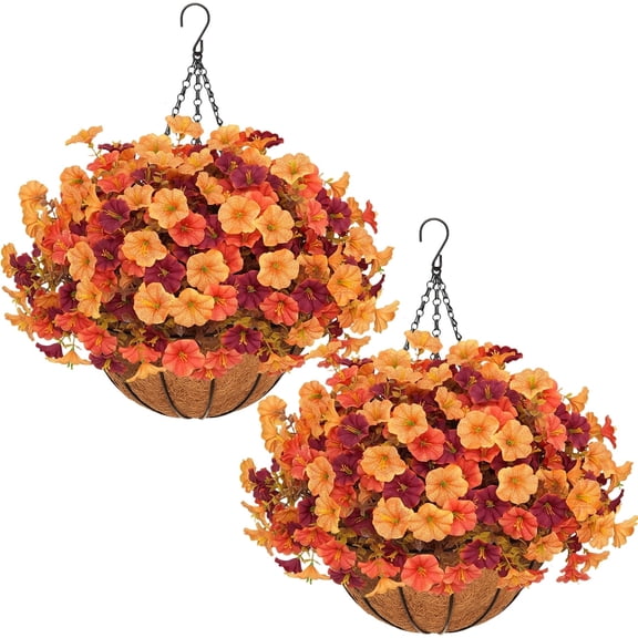 2Sets Artificial Hanging Basket for Outdoor Decoration, Autumn Flowers for Outdoor Courtyard, Front Porch, Garden Balcony, Autumn Flower Basket Decoration (Mixed Colors)