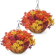 FAKCOJI 2Sets Artificial Hanging Basket for Outdoor Decoration, Autumn Flowers for Outdoor Courtyard, Front Porch, Garden Balcony, Autumn Flower Basket Decoration  Mix Colors