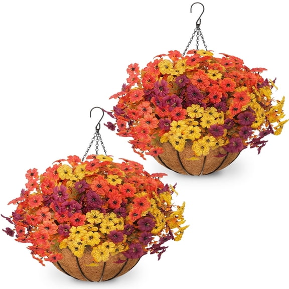 FAKCOJI 2Sets Artificial Hanging Basket for Outdoor Decoration, Autumn Flowers for Outdoor Courtyard, Front Porch, Garden Balcony, Autumn Flower Basket Decoration ( Mix Colors)