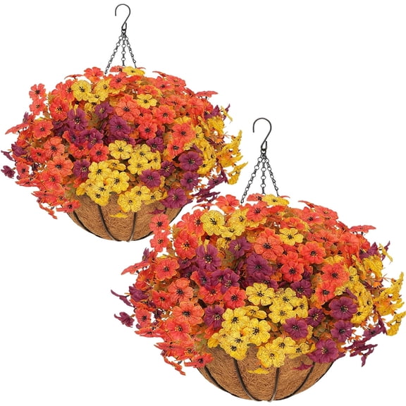 2Sets Artificial Hanging Basket for Outdoor Decoration, Autumn Flowers for Outdoor Courtyard, Front Porch, Garden Balcony, Autumn Flower Basket Decoration ( Mix Colors)