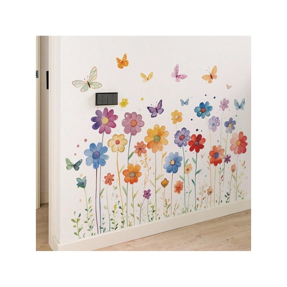 2Sets Flowers Wall Decals Butterflies Floral Wall Stickers Peel And Stick Colorful Butterfly Wall Decal For Girls Bedroom Living Room TV Sofa Background Decoration DIY Wall Decor