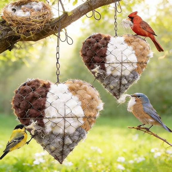 2Sets Handmade Fiber Bird Nesting Heart Birds Nests Material Holder for Outside Nester Houses Design with 3 Bags Nest Materials Winter Tree Shelter for Wild Birds Dual-Season Outdoor View House