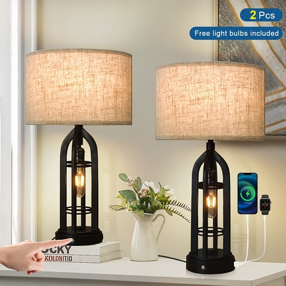 2Sets Living Room Desk Lamp - USB C+A Port, 3-way Dark Bar Bedside Table Lamp, Country Bedside Table Lamp Side Table, Industrial Bedside Table Lamp(Light Bulb Included)Suitable For LivingRoom,Bedroom