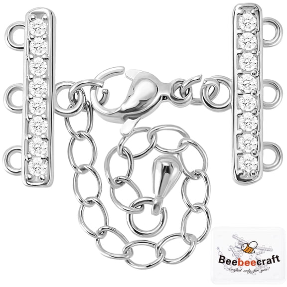 2Sets Platinum Plated Multi Strand Jewelry Clasps Layering Chain Extender Lobster Clasps 3 Strand Cubic Zirconia Adjustable Chain DIY