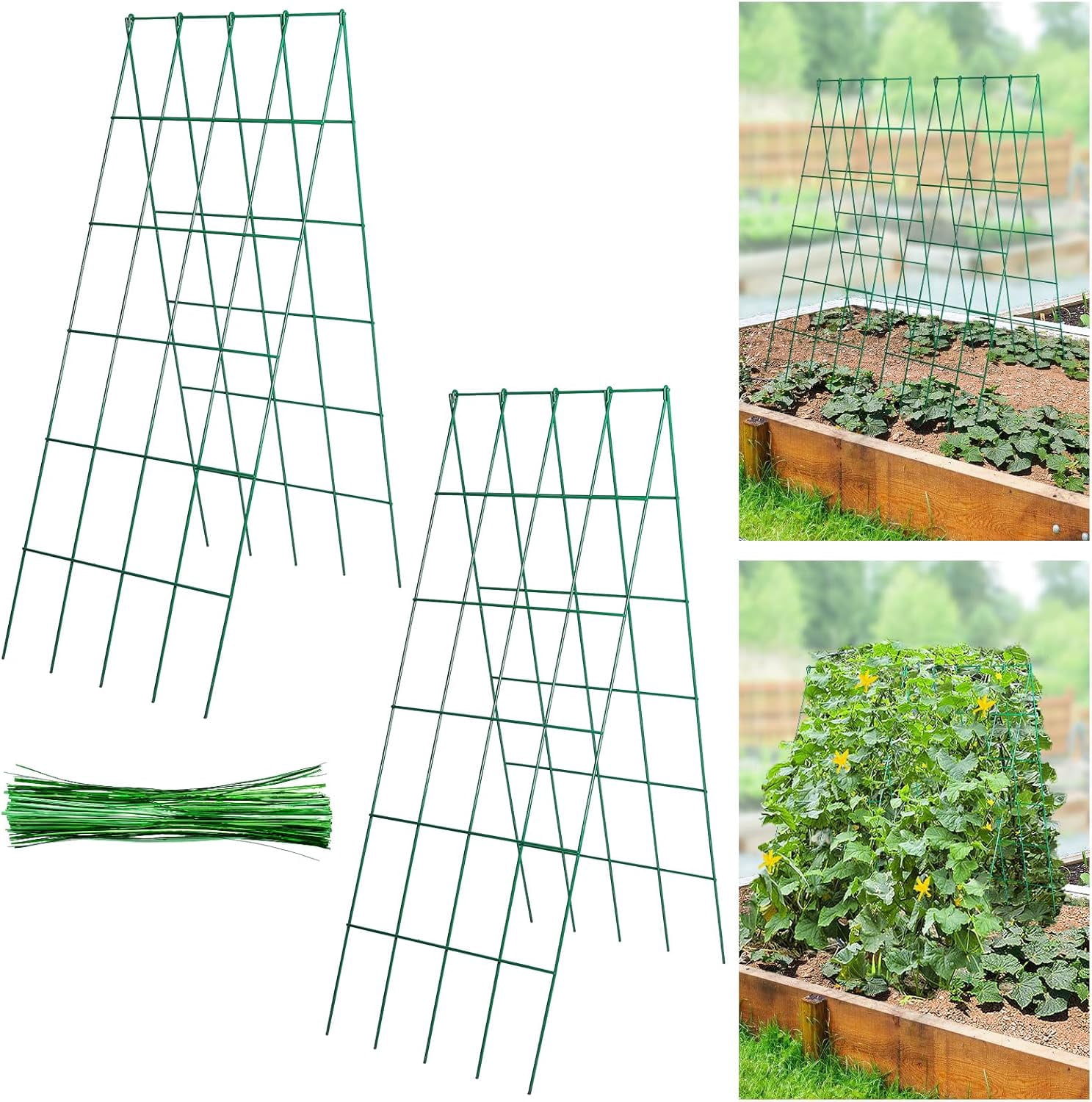 2Sets Stable Cucumber Trellis - 39.3" L x15.7'' W Foldable Garden Trellis for Raised Bed, A-Frame Metal Plant Support Trellis with Ties for Bean Raspberry Squash Climbing Plants Outdoor