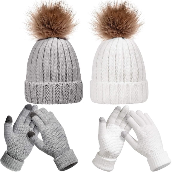 2Sets Women Winter Knitted Beanie Hat Glove Set Skull Cap Touchscreen Gloves