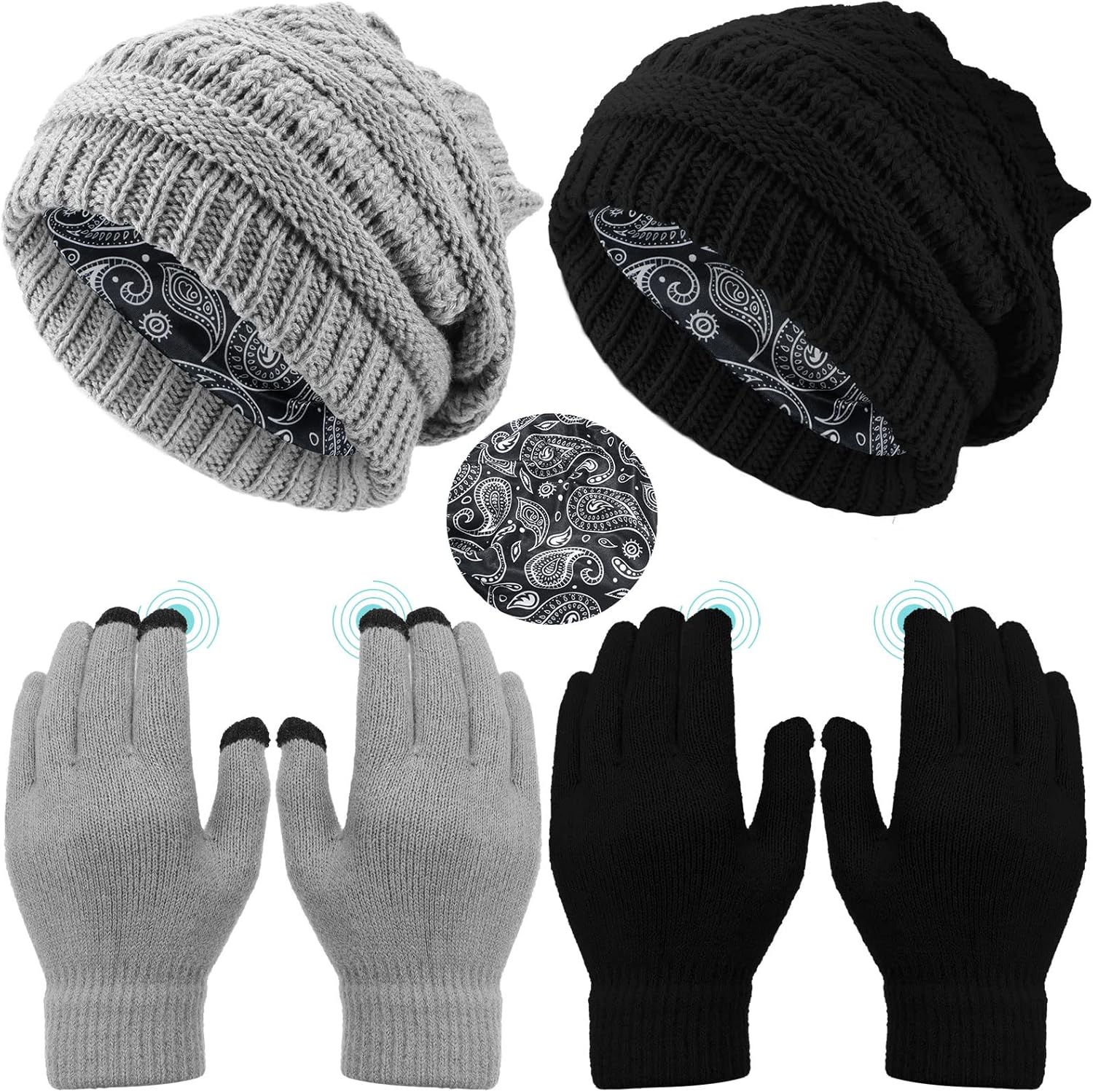 2Sets Womens Satin Lined Beanie Hat Gloves Set Knit Slouchy 