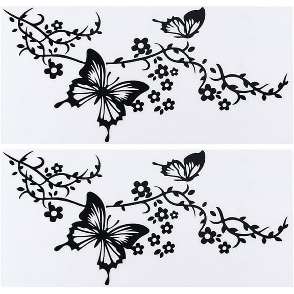 2Sheet Butterfly Car Decal Set Butterflies Kissing Flowers Car Decal Vinyl Waterproof Sticker Women Car Stickers Automotive Exterior Decor for Auto Truck SUV Wall Art Laptop Black