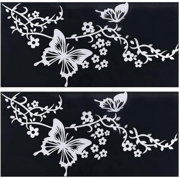 2Sheet Floral Butterfly Decals Butterflies Kissing Flowers Car Decal Reflective Vinyl Waterproof Sticker Women Car Stickers for Auto Truck SUV Wall Art Laptop Silver