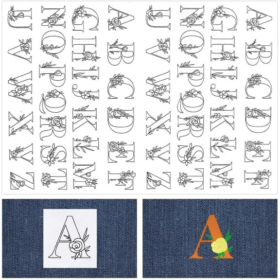 2Sheets 104Pcs Letter Embroidery Transfer Patterns Stabilizers Stick and Stitch A~Z Initial Alphabet Hand Sewing Water Soluble Paper Wash Away Pre-Printed Self Adhesive for Cloth Needlework Lovers