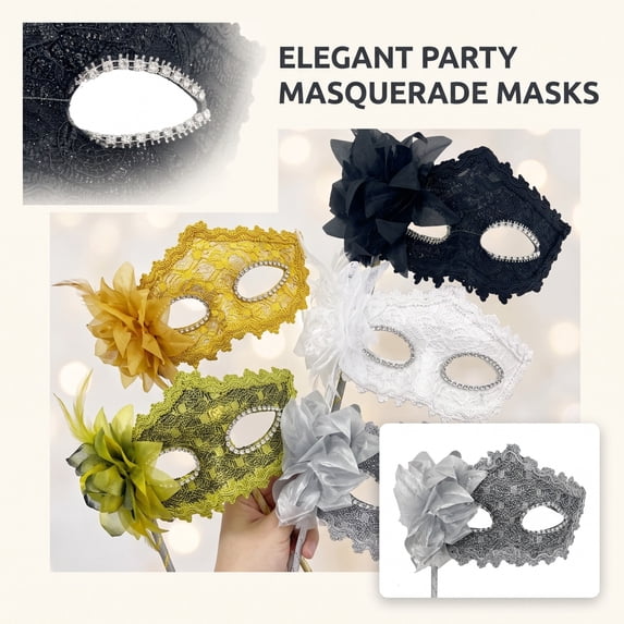 2Silver Lace Eye Mask with Stick 6.5 Inch Wide, for Halloween Party Decorations, Masquerade Party Favors, and Mask, Chic Accessory for Masquerade Mask, Gift for Women and Men,