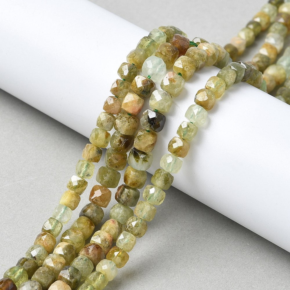 2Strand Natural Green Garnet Beads Strands Andradite Beads Faceted Cube 4x4~4.5x4~4.5mm Hole: 0.8mm about 94pcs/strand 15.16''(38.5cm)