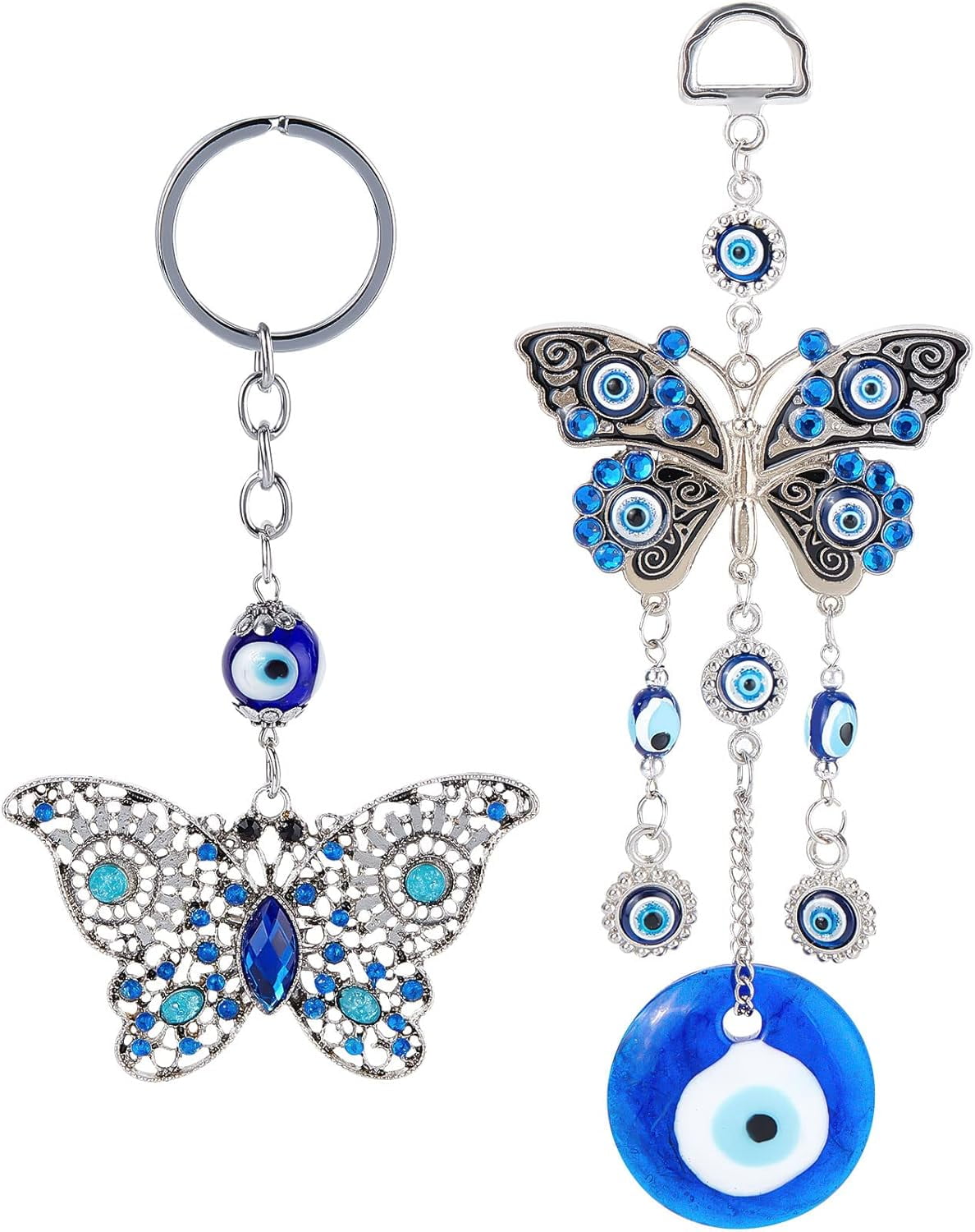 2PCS Blue Evil Eye Car Hanging Ornament With Butterfly - Rear View Mirror Charm For Car, Home Decor