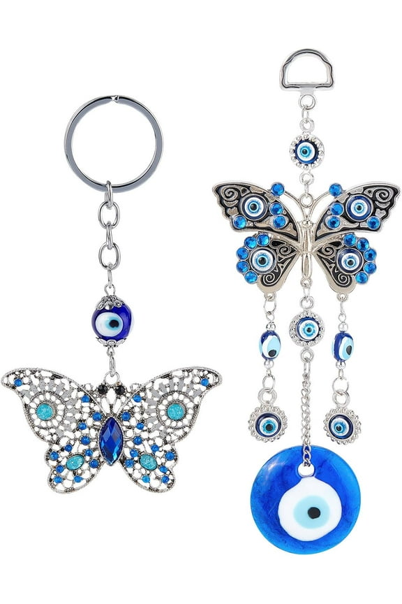 2Styles 2PCS Evil Eye Car Hanging Ornament Butterfly Pendant Hanging Blue Evil Eye Charm Car Rear View Mirror Hanging Accessories for Car Interior Decoration Home Window Office Garden