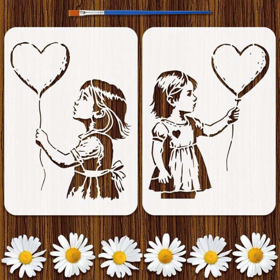 2Styles Balloon Lady Pattern Stencils with a Brush 11.7x8.3Inch Heart Balloon Graffiti Painting Stencils PET Banksy Themes Template Creative Craft