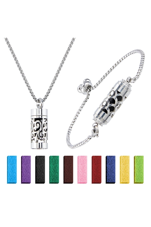 2Styles Essential Oil Diffuser Necklace Bracelet Stainless Steel Aromatherapy Locket Column Pendant Set with 20Pcs Perfume Pads