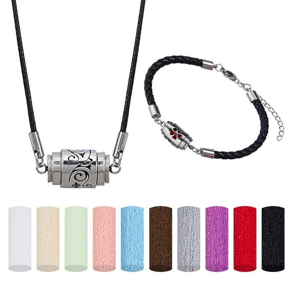 2Styles Essential Oil Diffuser Necklace Bracelet Stainless Steel Aromatherapy Locket Pendant Set with 20Pcs Perfume Pads Adjustable Necklaces Bangle