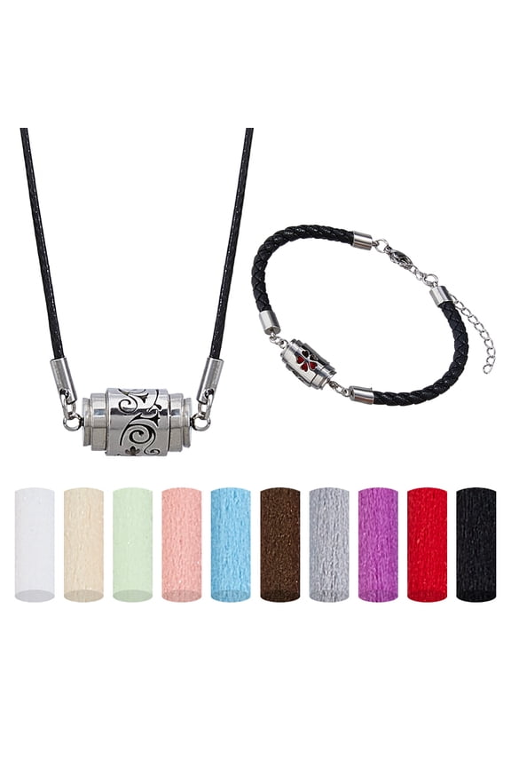 2Styles Essential Oil Diffuser Necklace Bracelet Stainless Steel Aromatherapy Locket Pendant Set with 20Pcs Perfume Pads Adjustable Necklaces Bangle