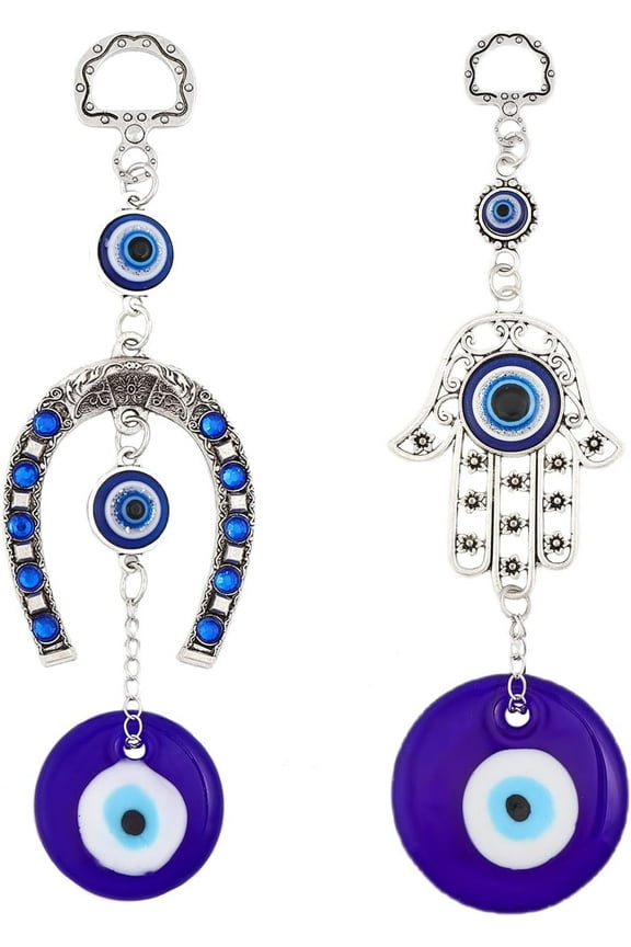 2Styles Evil Eye Pendant Protection Charm Hamsa Hand Horse Shoe Pendant Decorations Evil Eye Hanging Ornaments Blue