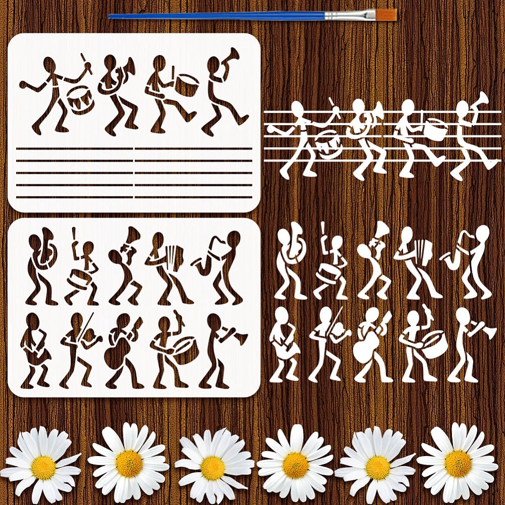 2Styles Music Figures Pattern Stencils with a Brush 11.7x8.3Inch Band ...