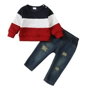 2T Baby Boy Outfits 3T Boys Fall Winter Clothes Toddler Boys Long Sleeve Round Neckline Stripe Top Jeans Pants 2PCS Set Red