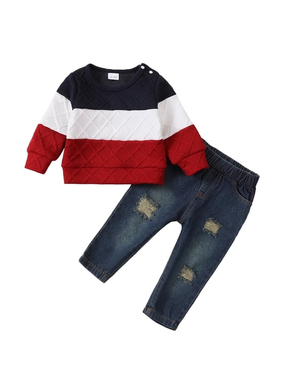 2T Baby Boy Outfits 3T Boys Fall Winter Clothes Toddler Boys Long Sleeve Round Neckline Stripe Top Jeans Pants 2PCS Set Red