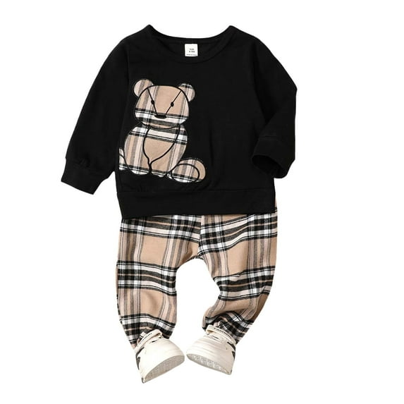 2T Baby Boys Clothes 3T Boys 2PCS Fall Winter Outfits Set Cute Bear Print Toddler Boys Long Sleeve Round Neck Top Pants Set Black