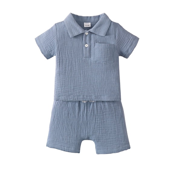 2T Baby Boys Clothes 3T Boys 2PCS Summer Outfits Set Solid Color Toddler Boys Short Sleeve Lapel Top Shorts Set Blue