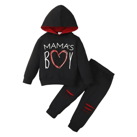 2T Baby Boys Clothes Baby Boy Outfits 2-3T Toddler Boys Letter Print Long Sleeve Hooded Tops Ripped Pants 2PCS Set Black