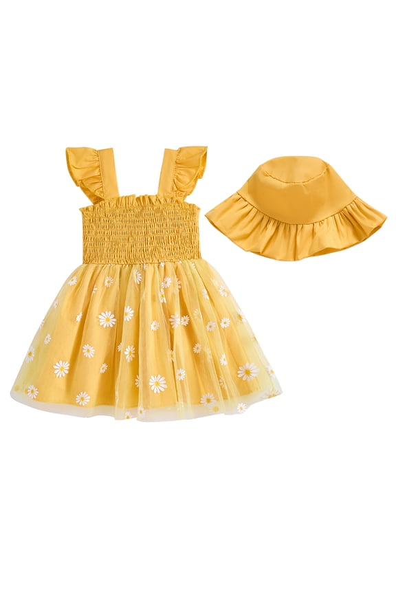2T Baby Girl Dress 3T Girls Sleeveless Dress Solid Color Cute Bowknot Toddler Girls Suspender Dress Tulle Dress with Hat Yellow