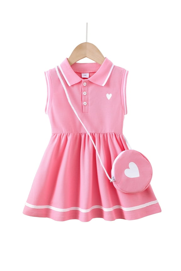 2T Baby Girl Dress 3T Girls Sleeveless Dress Solid Color Polo Dress Toddler Girls Summer Lapel Casual Dress with Cute Bag Pink