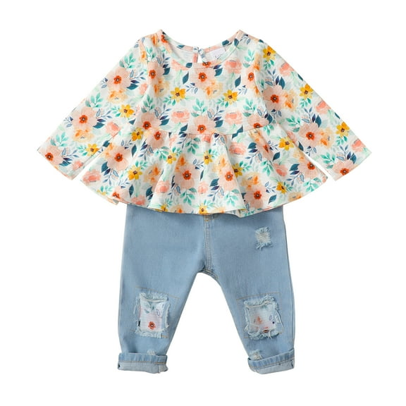 2T Baby Girls Clothes 3T Girls 2PCS Denim Outfits Set Flower Print Toddler Girls Long Sleeve Top Denim Pants Set Multicolor