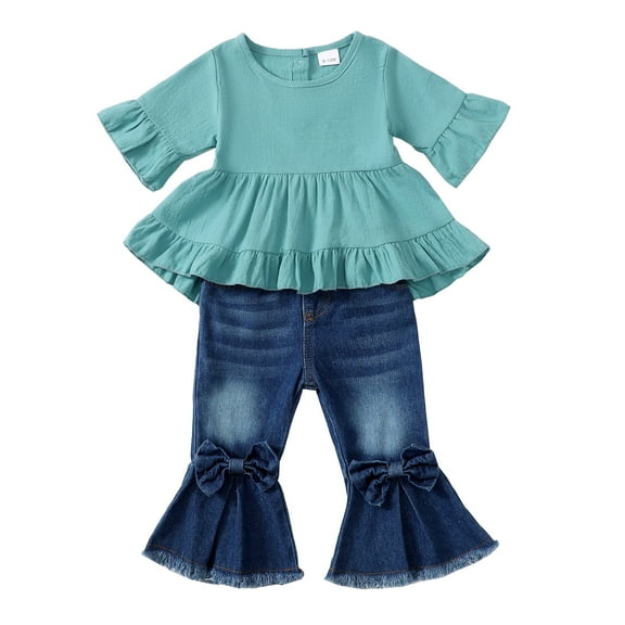 2T Baby Girls Clothes 3T Girls 2PCS Denim Outfits Set Solid Color Toddler Girls Medium Sleeve Top Denim Pants Set Blue