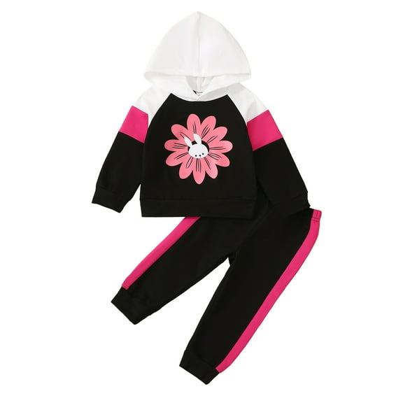 2T Baby Girls Clothes 3T Girls 2PCS Fall Winter Hoodie Outfits Set Flower Print Toddler Girls Long Sleeve Top Pants Set Black