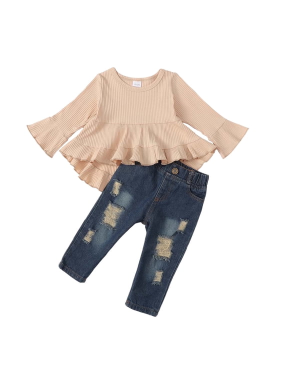 2T Baby Girls Clothes 3T Girls 2PCS Fall Winter Outfits Set Solid Color Toddler Girls Long Sleeve Irregular Top Denim Pants Set Apricot