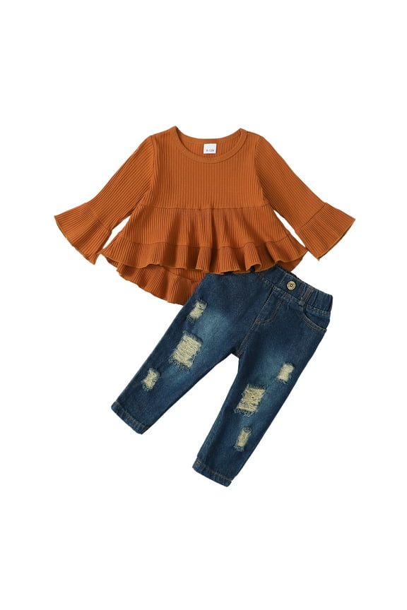 2T Baby Girls Clothes 3T Girls 2PCS Fall Winter Outfits Set Solid Color Toddler Girls Long Sleeve Irregular Top Denim Pants Set Brown