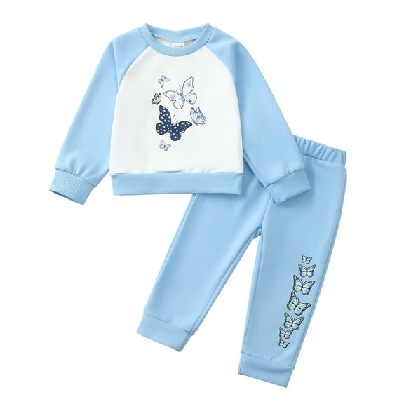 2T Baby Girls Clothes 3T Girls 2PCS Outfits Set Butterfly Print Crew Neck Toddler Girls Long Sleeve Top Pants Set Blue