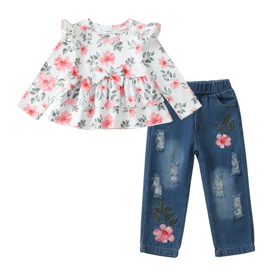 2T Baby Girls Clothes 3T Girls 2PCS Outfits Set Flower Print Toddler Girls Long Sleeve Crew Neck Top Denim Pants Set White