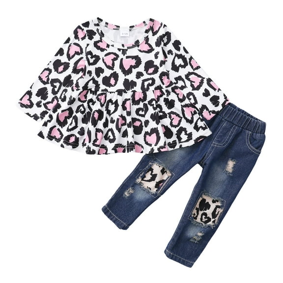 2T Baby Girls Clothes 3T Girls 2PCS Outfits Set Leopard Print Toddler Girls Long Sleeve Top Denim Pants Set Multicolor