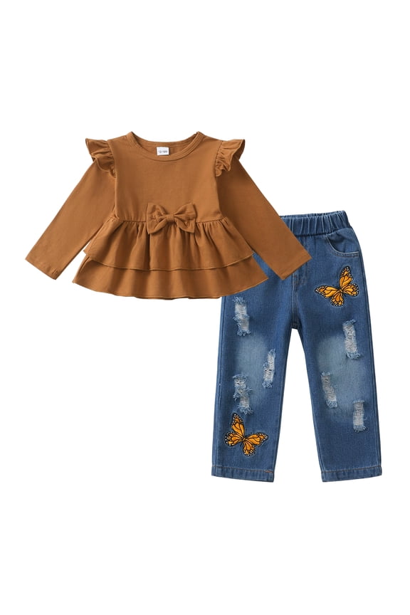 2T Baby Girls Clothes 3T Girls 2PCS Outfits Set Solid Color Toddler Girls Long Sleeve Crew Neck Top Denim Pants Set Brown
