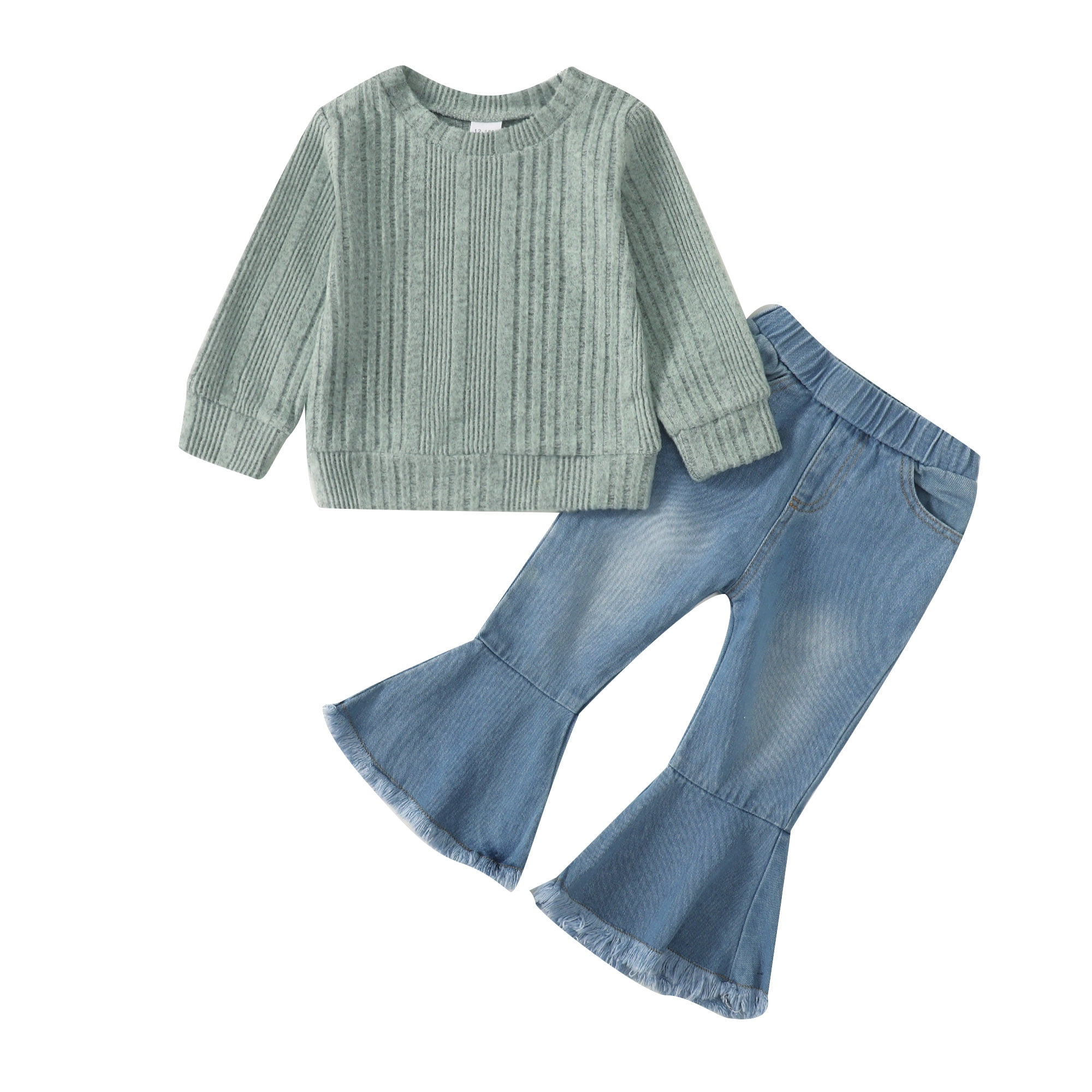 2T Baby Girls Clothes 3T Girls 2PCS Outfits Set Solid Color Toddler Girls Long Sleeve Top Bell-bottomed Denim Pants Set Green
