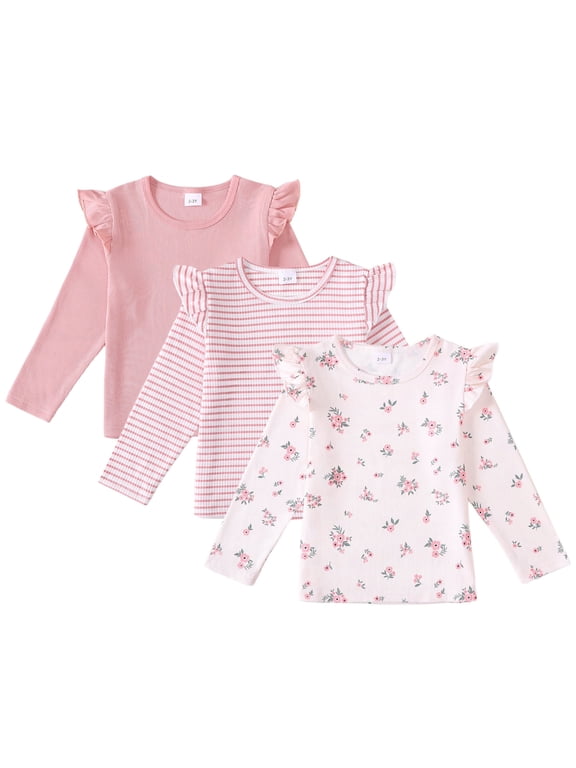 2T Baby Girls Clothes 3T Girls 3 Pack Fall Winter Shirts Toddler Girl Long Sleeve Crew Neck 3PCS T-shirts Pink