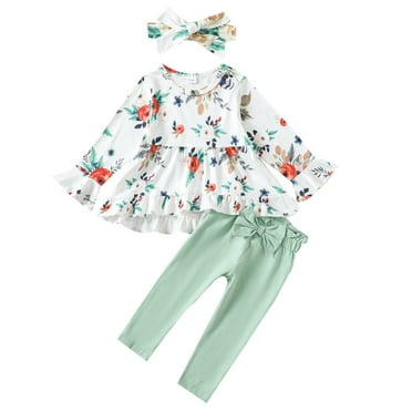 2T Baby Girls Clothes 3T Girls 3PCS Outfits Set Flower Print Toddler Girls Long Sleeve Irregular Top Pants Set with Headband Green
