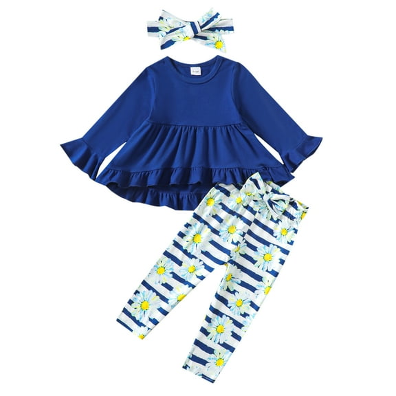 2T Baby Girls Clothes 3T Girls 3PCS Outfits Set Solid Color Toddler Girls Long Sleeve Irregular Top Pants Set with Headband Blue
