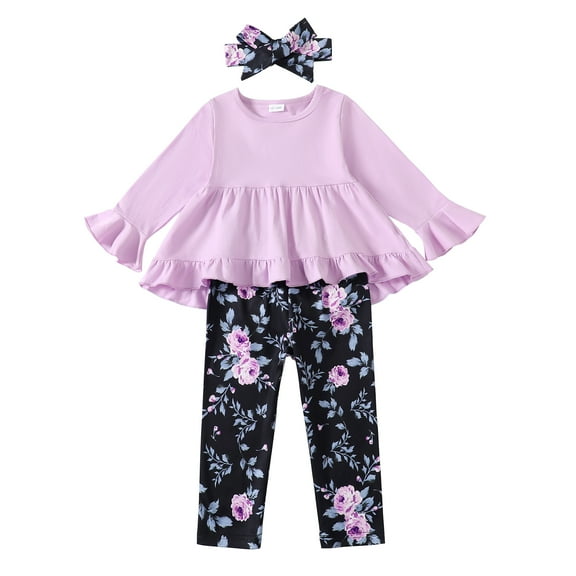 2T Baby Girls Clothes 3T Girls 3PCS Outfits Set Solid Color Toddler Girls Long Sleeve Top Floral Pants Set with Headband Purple