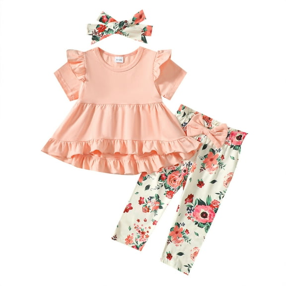 2T Baby Girls Clothes 3T Girls 3PCS Outfits Set Toddler Girls Short Sleeve Irregular Top Floral Pants Set with Headband Pink