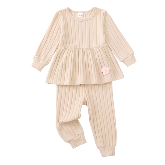 2T Baby Girls Clothes 3T Girls Fall Winter Outfits Set Solid Color Toddler Girl Long Sleeve Sweatshirt Top Pants Set Apricot
