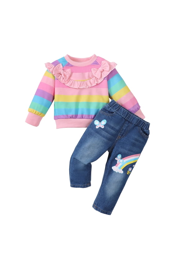 2T Baby Girls Clothes 3T Girls Fall Winter Pant Set Toddler Girls Long Sleeve Rainbow Stripe Top Jeans Pants 2PCS Outfits Set Pink