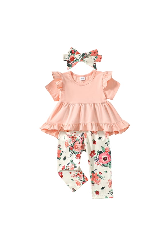 2T Baby Girls Clothes 3T Girls Pant Set Outfits Set Toddler Girls Short Sleeve Top Floral Pants Headband 3PCS Set Pink