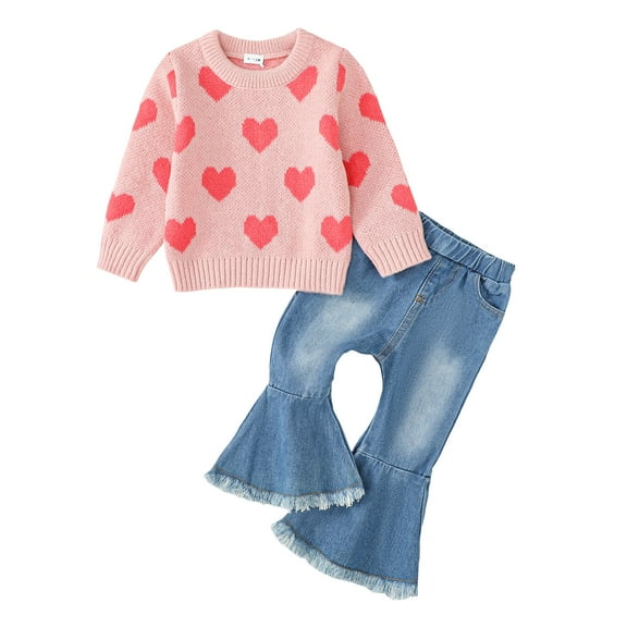 2T Baby Girls Clothes 3T Girls Sweater Outfits Set Cute Heart Round Neck Toddler Girls Long Sleeve Top Denim Pants Set Pink